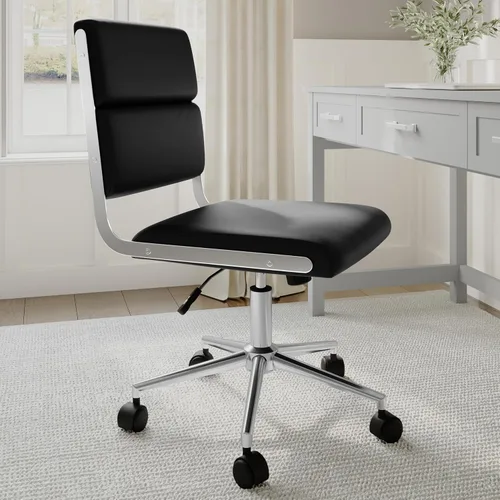Vista 6 de Martha Stewart Lulu - Silla giratoria con asiento ajustable en altura para oficina en casa en piel sintética negra con marco de níquel pulido