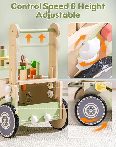 Vista 8 de ROBOTIME Juguete de madera para niños pequeños, andador de empuje para bebés con ruedas, centro de actividades con temática de granja para niñas