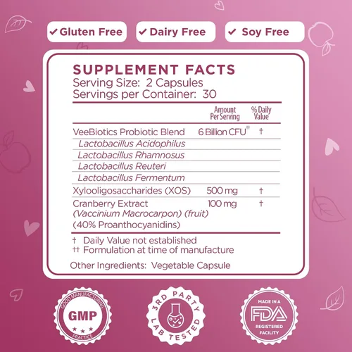 Vista 2 de VeeFresh VeeBiotics - Probióticos de arándano para mujeres, 60 cápsulas de probióticos para mujer con prebióticos y extracto de arándano