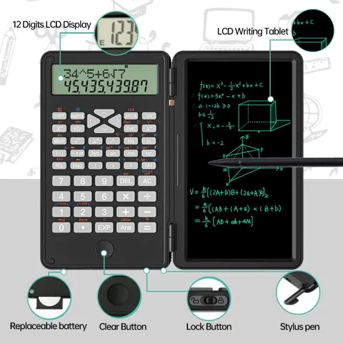 Vista 2 de Calculadora científica con tableta de escritura 2 en 1 calculadora portátil Negro