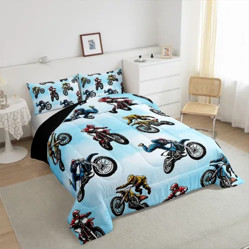 Vista 5 de Erosebridal Juego de ropa de cama de motocross tamaño individual, juego de edredón deportivo extremo para niños y adolescentes, edredón acolchado