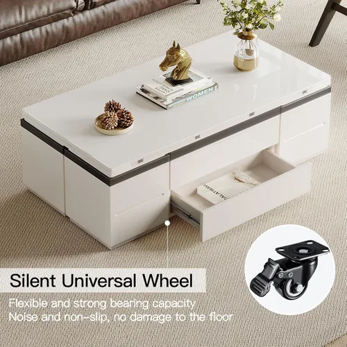 Vista 7 de Guyii Mesa auxiliar elevable de 47 pulgadas con taburetes de almacenamiento, mesas de café blanco 3 en 1, mesa de sala de estar con ruedas para sala