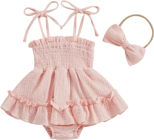 Vista 11 de Body sin mangas para bebé recién nacida con cuello halter y volantes, mameluco enterizo con diadema, conjunto de ropa de verano Albaricoque