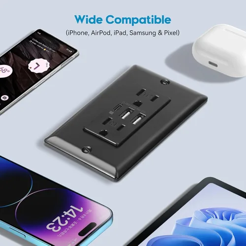 Vista 8 de ECOELER Receptáculo de Tomacorriente USB Negro de 3 Puertos, Tomacorriente de Pared USB C de 6.0A 30W, Enchufe Resistente a Manipulaciones de 15