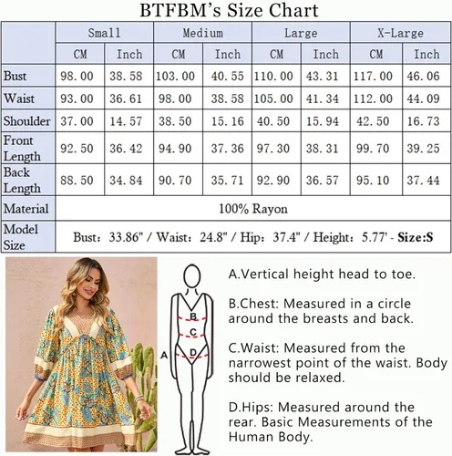 Vista 5 de BTFBM Vestidos casuales de primavera y verano para mujer, cuello en V, manga larga 34, con volantes, floral, estilo bohemio, mini vestido de playa
