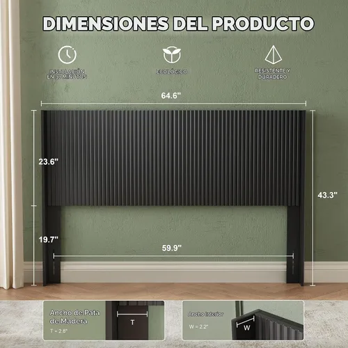 Vista 2 de Huatean Home Cabecera de madera tamaño Queen, 64.6 pulgadas, solo cabecero Queen color negro