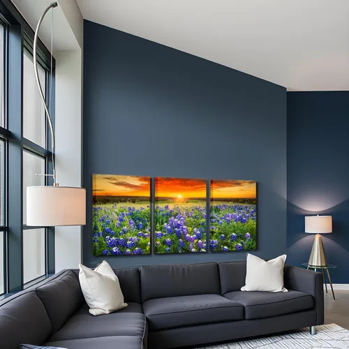 Vista 5 de Nachic Wall Cuadro de 3 piezas de puesta de sol para pared, hermoso campo de arándanos de Texas, pintura fotográfica sobre lienzo, póster de paisaje