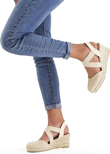Vista 5 de mysoft Women's Closed Toe Crisscross Elastic Ankle Strap Platform Espadrille Wedge Sandals