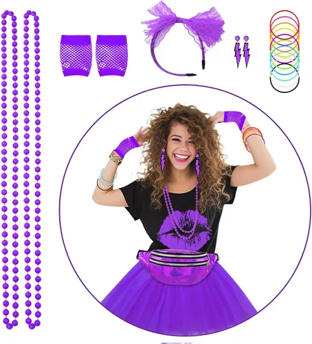 Vista 6 de WILDPARTY Accesorios de disfraz de los años 80 para mujer, camiseta, tutú, riñonera, diadema, aretes, collar, guantes de red, calentadores de piernas