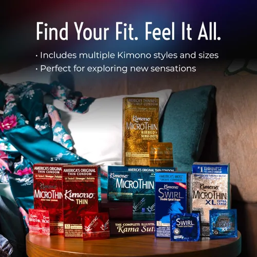 Vista 6 de Kimono MicroThin - Preservativos de látex transparente, paquete de 12 Múltiples formas ultrafinas y diseños únicos, sensibilidad mejorada, apto
