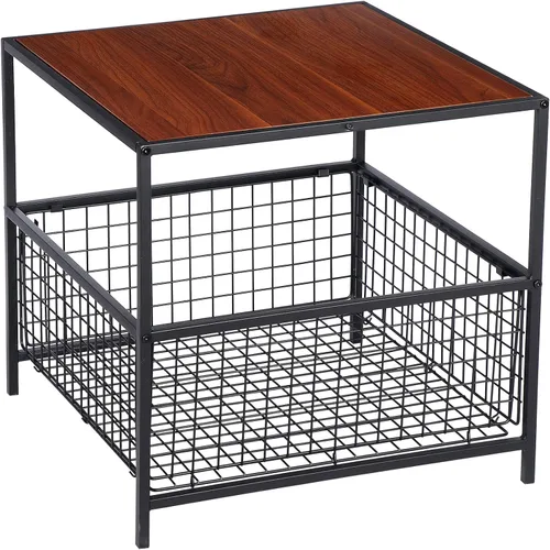 Vista 5 de SUPER DEAL Mesa auxiliar de 2 niveles con cesta de malla, mesa auxiliar cuadrada de 20 pulgadas para dormitorio, sala de estar, mini soporte