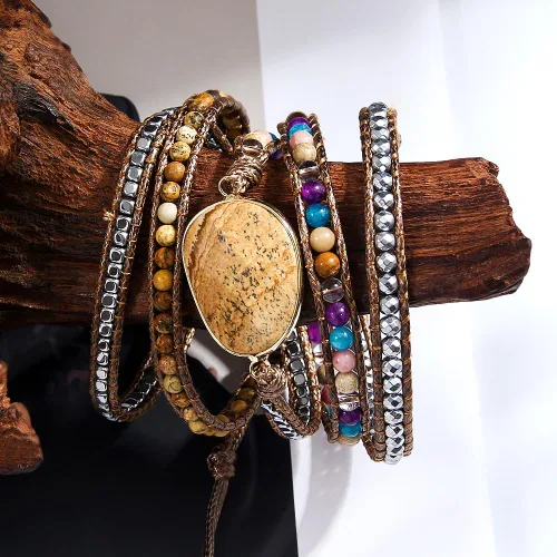 Vista 3 de Women Boho Wrap Bracelet Natural Jasper Crystal Stone Bead Strand Bracelets Marrón