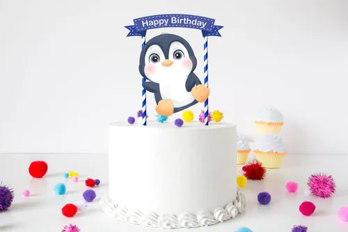 Vista 3 de Decoración para pastel de pingüinos: bonita decoración de cumpleaños de pingüino para fiestas infantiles, baby shower, invierno de las maravillas