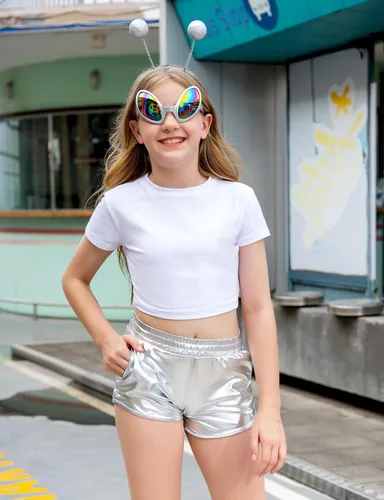 Vista 2 de SUGARETTY Pantalones cortos metálicos alienígenas para niñas, pantalones brillantes y calientes, ropa de fiesta rave con diadema, gafas alienígenas