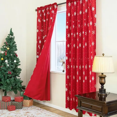 Vista 5 de Cortinas navideñas para sala de estar, cortinas de lujo con estampado de copos de nieve, cortinas de ventana con bolsillo para barra, cortinas