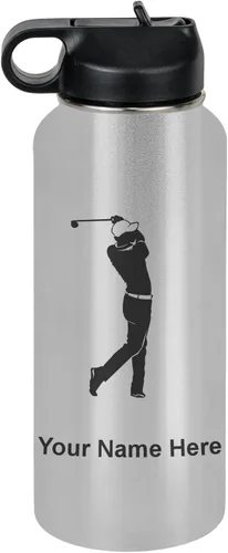 Vista 76 de LaserGram Botella de agua personalizada, golfista de golf, acero inoxidable de doble pared aislada al vacío con popote superior, regalo grabado Negro