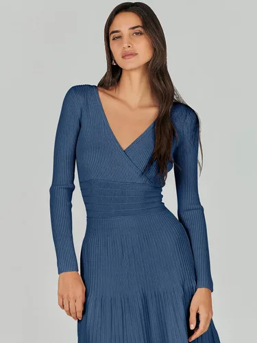 Vista 4 de ANRABESS Vestido midi cruzado tipo suéter para mujer, manga larga, cuello en V, cintura alta, acanalado, plisado, vestido acampanado