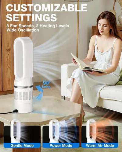 Vista 4 de PYY Combo de calentador y ventilador: ventilador de torre sin aspas y calentador con filtro, con 8 velocidades, control remoto/táctil, uso durante