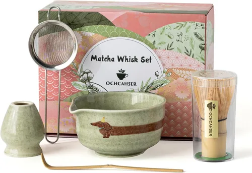 Vista 9 de Juego de matcha con patrón de perro, juego de batidor japonés de matcha incluye cuenco de matcha con boquilla, soporte para batidor, batidor