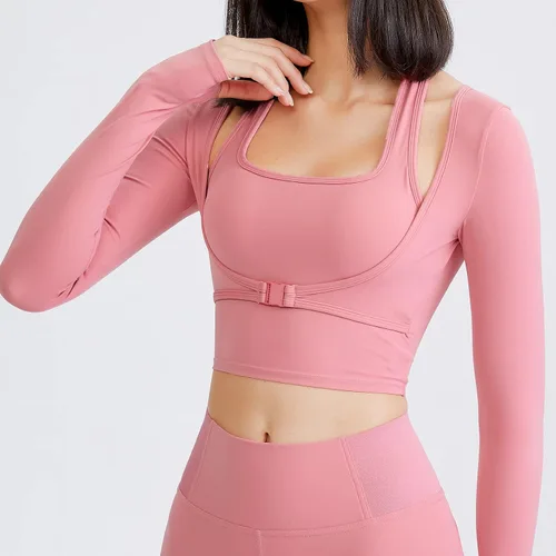Vista 3 de Camisetas de manga larga acolchadas para mujer, camisetas de entrenamiento, yoga, correr, trajes deportivos recortados con agujeros para el pulgar