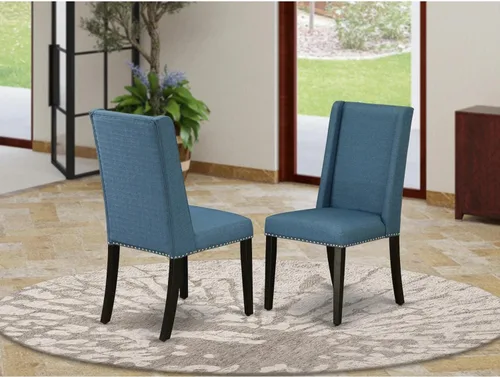 Vista 2 de East West Furniture FLP1T21 Florence Parson Sillas – Juego de 2 sillas de comedor tapizadas de tela de lino azul con ribete de clavo, color negro