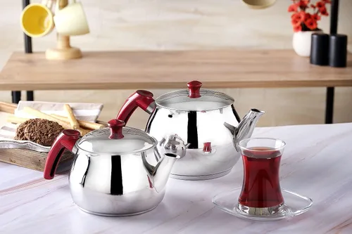 Vista 4 de Juego de tetera turca de acero inoxidable para estufa, tetera doble con colador, asas rojas, calentador de agua Samovar para té turco