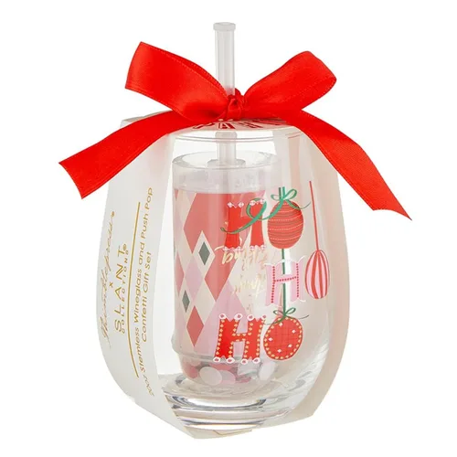 Vista 4 de Slant Collections Juego de regalo de Navidad Copa de vino sin tallo y confeti Push Popper, 2 piezas, Ho
