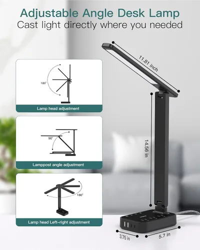 Vista 4 de Addtam Lámpara LED de Escritorio, Regleta con 3 Tomas 4 Puertos de Carga USB (2 USB-C), 4 Modos 5 Niveles de Brillo Lámpara Táctil, Lámpara