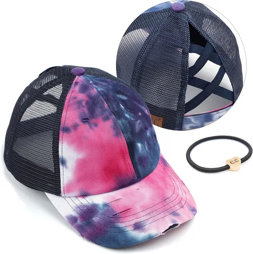 Vista 26 de C.C Gorra de béisbol de malla con diseño de estrella brillante, gorra de camionero ajustable para moño o cola de caballo Una banda elástica-negro