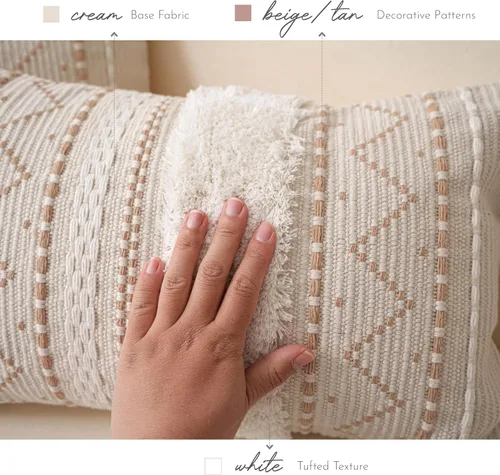 Vista 3 de BlissBlush Funda de cojín cuadrada de 18 x 18 pulgadas, color beige neutro, funda de cojín decorativa cuadrada de estilo bohemio con detalles