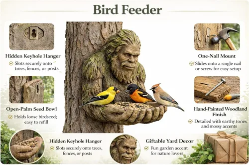 Vista 2 de Bigfoot - Comedero para pájaros de árbol – Sasquatch Big Foot Birdfeeder – Escultura de alimentación de pájaros de invierno estatua de jardín