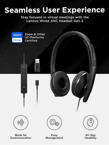 Vista 5 de Auriculares con cable Lenovo con cancelación activa de ruido (ANC), conectividad USB-C y USB-A, Certificado para Zoom, Cancelación activa de ruido