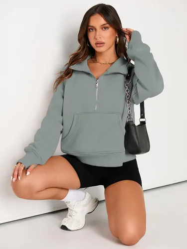 Vista 4 de AUTOMET Sudaderas con media cremallera para mujer, sudadera corta de vellón con cremallera de un cuarto, sudaderas con capucha para el otoño, a