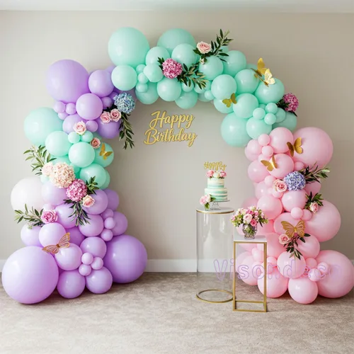 Vista 3 de Kit de arco de globos rosa, morado y verde menta, globos pastel de doble relleno con mariposas doradas para baby shower, cumpleaños de niña, tema