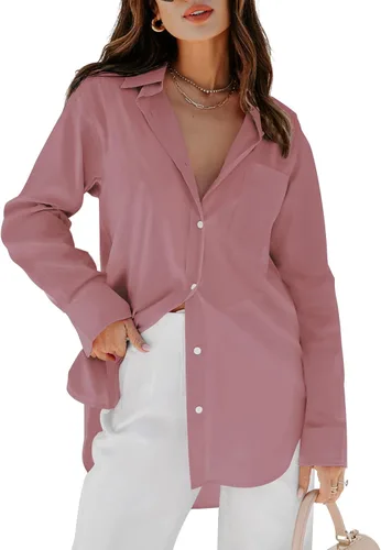Vista 10 de siliteelon Camisas de vestir con botones para mujer, blusas de manga larga, cuello en V, lisas, casuales, con bolsillos