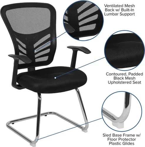 Vista 4 de Flash Furniture Silla de recepción lateral de malla negra con base de trineo cromada