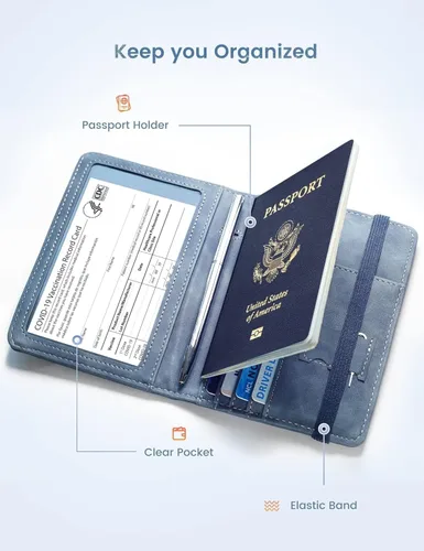 Vista 5 de Mymazn Portatarjetas de pasaporte y vacunación Combo de portatarjetas para pasaporte y cartera de viaje con tarjetero de vacunación, funda