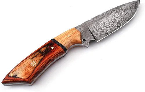 Vista 4 de Cuchillos de Damasco para despellejado de caza - Cuchillo de caza de hoja fija con vaina - Cuchillo de acero de Damasco con mango de madera