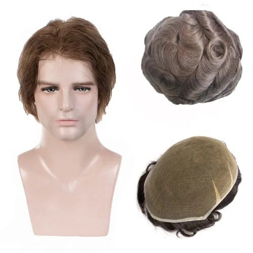 Vista 14 de Amiable Toupee para hombres, cabello humano, encaje francés, sistemas de reemplazo de cabello para hombre, suave blanqueado, frontal, aspecto #1