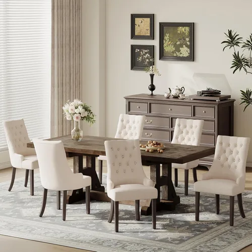Vista 17 de COLAMY Wingback Tufted Dining Chairs Set of 2, Beige Upholstered Dining Room Chairs with Wood Legs, Kitchen Chairs for Home Kitchen