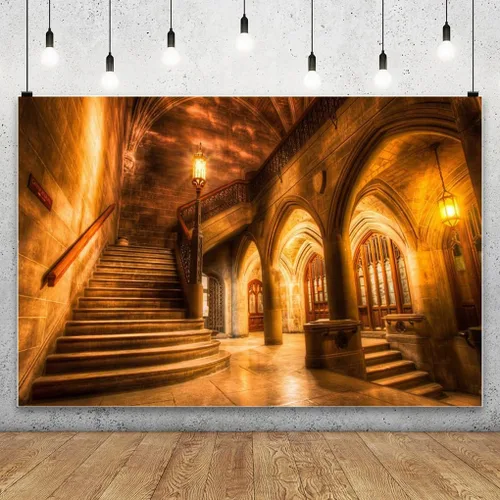 Vista 2 de AOFOTO Telón de fondo interior de castillo medieval vintage de 5 x 3 pies, columnas de arco retro, fondo de fotografía, escalera antigua, luz tenue