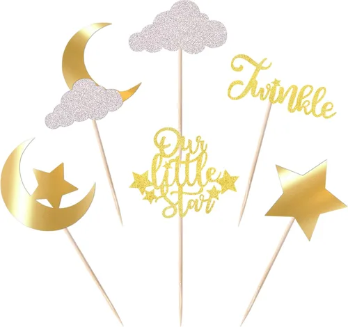 Vista 11 de Paquete de 24 adornos para cupcakes con purpurina de luna, nube, estrellas, estrellas, baby shower, niños, cumpleaños, boda, fiesta, decoración