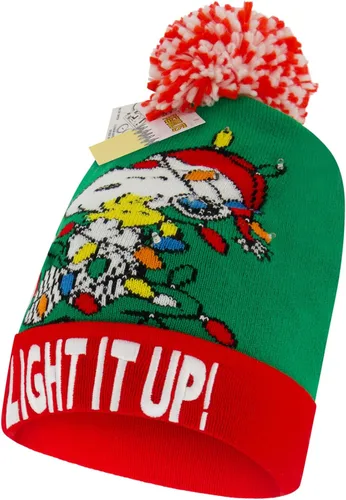 Vista 5 de Peanuts Beanie Hat, Snoopy y Woodstock - Suéter de punto de invierno con pompón y puño, color verde, talla única, Verde