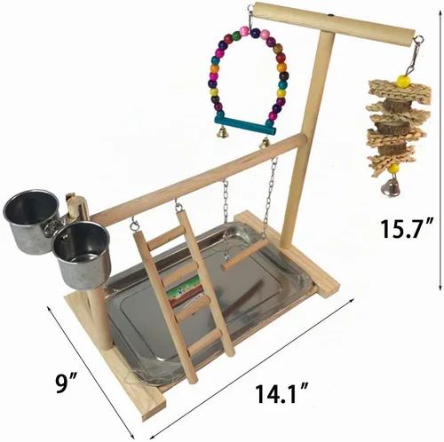 Vista 7 de Hamiledyi Parrot Playground Bird Play Stand Play Gym con comederos, columpios, escalera y bandeja, parque infantil de madera para periquitos