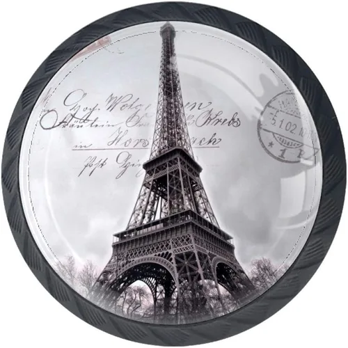 Vista 2 de Pomo de cajón de 4 piezas, pomo de cajón París, sello de torre Eiffel de cristal con forma de círculo, tiradores de cajón de armario con tornillos