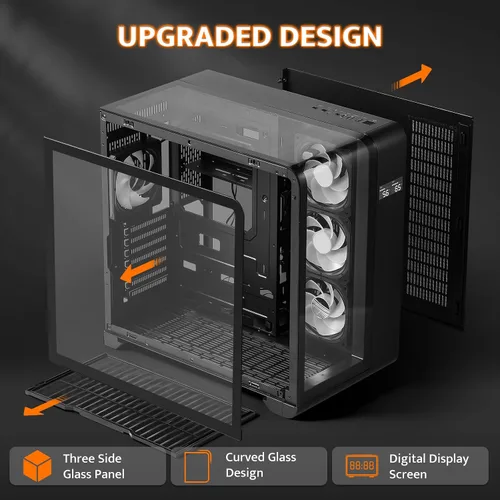 Vista 2 de darkFlash Chasis PC ATX de Torre Media con Pantalla, Tres Lados de Vidrio, Chasis de PC Gaming Dual Curvo de Vista Completa, 4 Ventiladores ARGB PWM