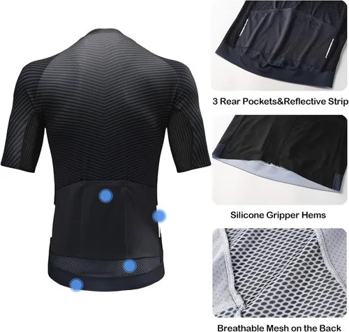 Vista 4 de Maillot de ciclismo para hombre, manga corta, cremallera completa, con 3 bolsillos traseros