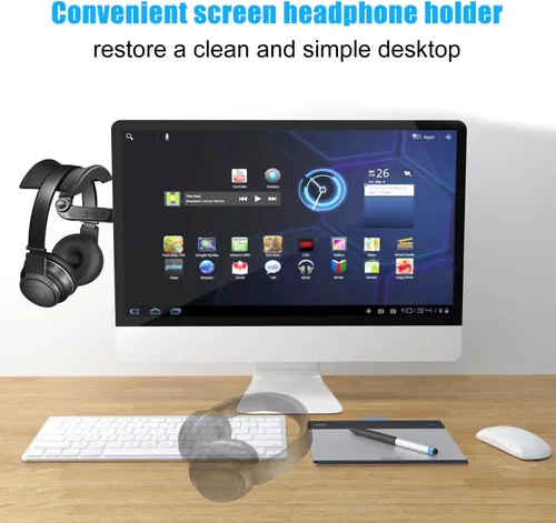 Vista 5 de Soporte de monitor para auriculares y auriculares, soporte ajustable para auriculares, soporte de gancho fuerte adhesivo en el monitor, organizador