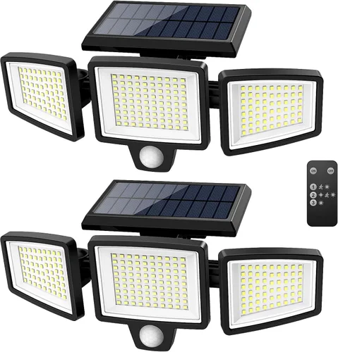 Vista 11 de Tuffenough - Luces solares para exteriores, 2500 lm, 210 luces LED de seguridad con control remoto, 3 cabezales de luces con sensor de movimiento