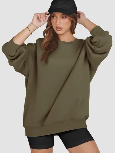 Vista 5 de ATHMILE Sudadera de gran tamaño para mujer, cuello redondo, forro polar, manga larga, sudaderas con capucha, tops de otoño, ropa de moda 2023